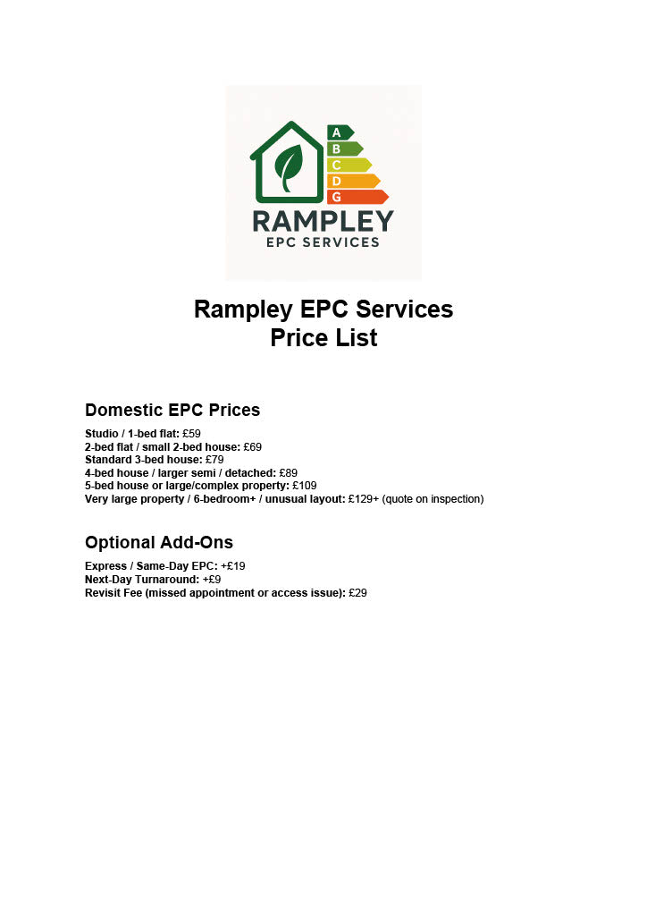Rampley EPC Services: Our Domestic EPC Price List